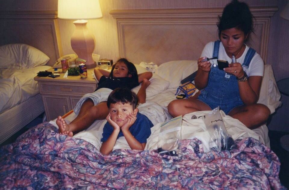  1999 - Me with brother in Florida with mom applying makeup. 